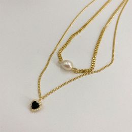 Pendant Necklaces Minar Trendy Double Layers Black Love Heart For Women Gold Chunky Curb Chain Pearls Choker Necklace Jewellery