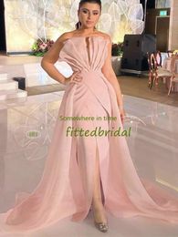 2021 Mermaid Prom Dresses Pink Soft Stain Formal Elegant Party Dress Evening Gowns Detachable Train Vestidos De Fiesta