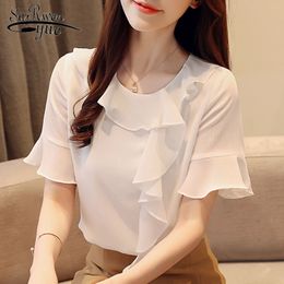 Korean Womens Tops and Blouses Solid Short Sleeve White Chiffon Blouse Blusas Mujer De Moda Fashion Office Lady 8855 50 210521