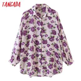 Women Retro Purple Flowers Print Chiffon Shirt Blouse Long Sleeve Chic Female Tops SL545 210416