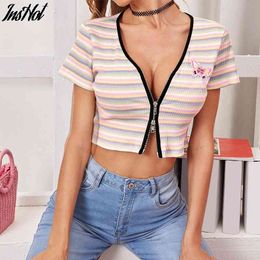 Sexy V-neck Striped Zipper Short Sleeve Short Top T-shirt Summer Women Patchwork Butterfly T-shirt Women 90S Y2k Aesthetic 210514