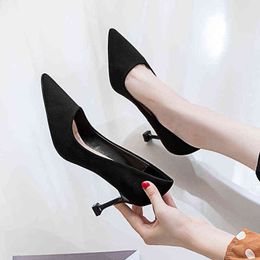 6Cm New Fashion Shallow Mouth Flock Pumps High Heels Ladies Dress Women Black Shoes