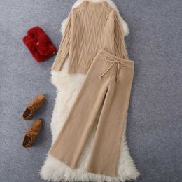 High-quality Winter Knitted 2 Piece set's Thick Warm Casual Pullover Sweaters+Wide leg pants Tracksuits Korean Outfits 210930