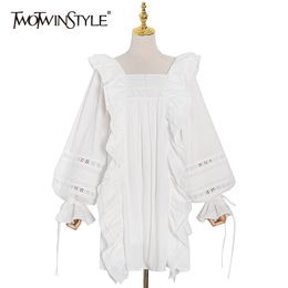 TWOTWINSTYLE Patchwork Ruffle Lace Dress For Women Square Collar Lantern Sleeve Ruched Casual Loose Dresses Female Fashion 210517