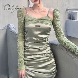 Summer Women Party Long Sleeve Green Print Sexy Bodycon Satin Draped Mini Dress 210415
