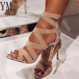 2020 Women Sandalias Mujer Women's Ladies Pumps Fashion Bandage Patchwork Mixed Colors Snake High Heels Sandals Casual Shoe 43 X0526