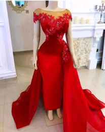 Red Mermaid Africa Prom Dresses O Neck Appliques Crystal Custom Made Tulle Saudi Arabic Bridal Party Gown Aso Ebi