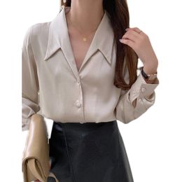 V-neck shirt women's top Button Up Satin Silk Shirt Vintage Blouse Women Long Sleeves Female Loose Street Shirts 920B 210420