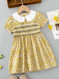 Toddler Girls Floral Print Peter-pan Collar Shirred Frill Trim Dress SHE