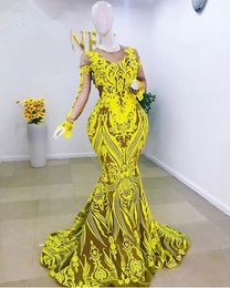 Yellow Lace Elegant Prom Dresses Sheer Long Sleeve Sweep Train Plus Sizemermaid African Evening Ocn Gowns For Black Girls