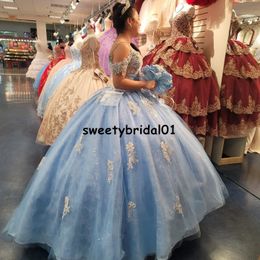 Light Blue Quinceanera Dresses Lace Applique Off the Shoulder Sweet 16 Prom Gowns vestidos de quinceañera 2021