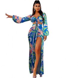 Summer Long Sleeve Bikini Two-piece Set Women's Split Swimsuit Sexy Print Slit Skirt Beach Style Swimwear