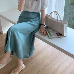 Acetate Satin Simple Women Solid Quality Midi Skirt Vintage Side Zipper Office Ladies Elegant Chic A-line Skirts 210529