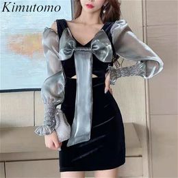 Kimutomo Women Vintage Slim Dress Spring Chic French Style Female V-neck Bow Flare Sleeve Off Shoulder Mini Vestidos 210521