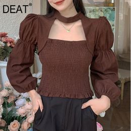 Spring And Summer Fashion Casual Slim Solid Color Hollow Out Short Bottoming Shirt Puff Sleeve Top Women SH227 210421