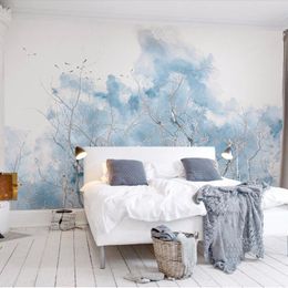 Custom Any Size Mural Wallpaper 3D Blue Branches Watercolor Flying Birds Abstract Art Photo Wall Painting Living Room Wallpapers