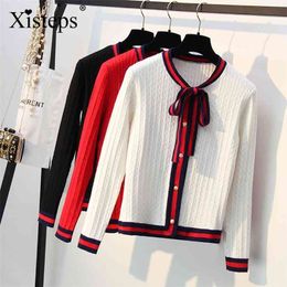 Xisteps Women Thick Knitted Cardigan Sweater Elegant Bow Tie Pearl Button O neck female Autumn Winter Coat Ladies Stripe Jacket 210812