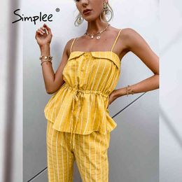 Casual yellow plaid two pieces women set summer Sexy lace up drawstring camisole long straight pants High street suit 210414