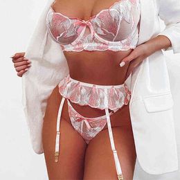 NXY sexy set MeiKeDaiNicey Women's Underwear Floral Erotic Lingerie Pink Brief 3 Piece Sets Underwire Bra And Panty Graters Sensual Intimate 1202
