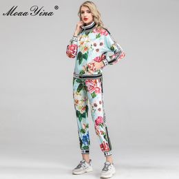 Fashion Designer Suit Autumn Women Stand Collar Long sleeve Floral-Print Tops+Trousers Casual Motion Two-piece set 210524