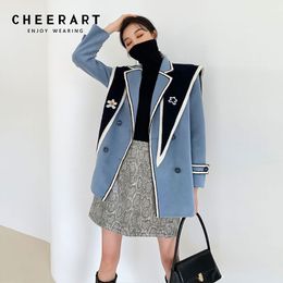 2 Piece Winter Wool Coat Tweed Jacket Fashion Women Blue Double Breasted Designer Overcoat 210427