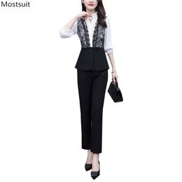 Autumn Fashion Elegant Two Piece Set Women Plus Size Long Sleeve Lace Patchwork Tunic Tops And Elastic Waist Pencil Pants Korean 210513