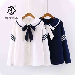 Spring Women Cotton Sailor Collar Full Sleeve Blouse With Bow Girl Sweet JK Short Shirt Striped Autumn Casual Tops T113 210721