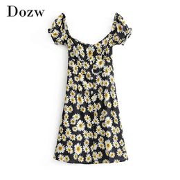 Summer Floral Print Vintage Mini Dress Women Ruffle Short Sleeve Casual Beach Dress A Line Bohemian Sundress Vestidos 210414