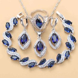 925 Sterling Silver Wedding Accessorie Bridal Jewelry Sets With Natural Stone CZ Blue Bracelet And Ring Sets 220113