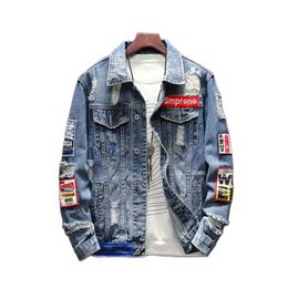 Men's Jackets Spring 2021 Autumn New Slim Korean Clothes Embroidery Brand Branded Man's Clothing Ripped Handsome Denim Jacket