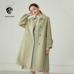 FANSILANEN Elegant long 100% wool blend coat Women cashmere autumn winter green jacket Female vintage belt red Woollen overcoat 210607