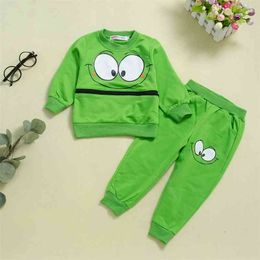 Winter Style Children Sets Casual Long Sleeve O Neck Print Cartoon T-shirt Green Trousers Cute 2Pcs Girls Clothes 2-9T 210629
