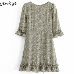 Vintage Floral Print Summer Chiffon Dress Women O Neck Flare Sleeve A-line Hem Ruffle Short Vestido 210514