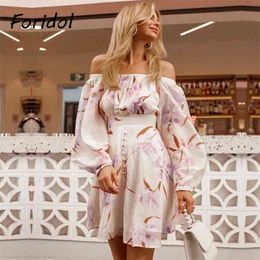 Off The Shoulder Summer Dress Women Elegant Purple Floral Print Boho Beach Dress Mini A-line Dress Vintage Vestido De Mujer 210415