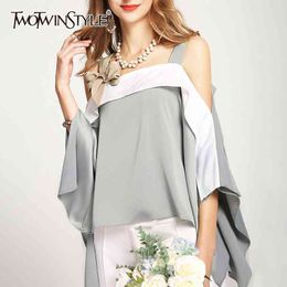 Hit Colour Casual Shirt For Women Square Collar Sleeveless Patchwork Ruffle Elegant Blouse Female Fashion 210524