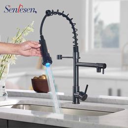 Senlesen Led Kitchen Sink Taps Black Brass Spring LED Kitchen Faucet Single Handle Hole Vessel Sink Mixer Tap 210724