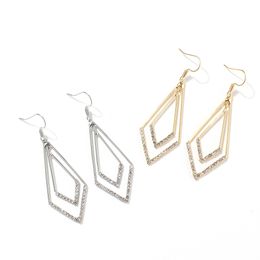 Layered Paved CZ Crystal Open Rhombus Dangle Earrings for Women Trendy Gold Filigree Geometric Double Kite Arrow Drop Earrings