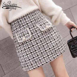 Autumn Winter Women Elegant Plaid Skirt Casual Vintage Mini s Fashion High Waist Woollen A-Line 7476 50 210521