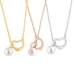 Europe America Style Lady Women Brass Engraved T Letter 18K Plated Gold Necklaces With Heart Pearl Pendant 3 Colour