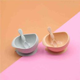 2 Pcs Baby Silicone Suction Bowl+Spoon Set Learning Training Feeding Utensil Dishes Tableware for Newborn Toddlers G1210