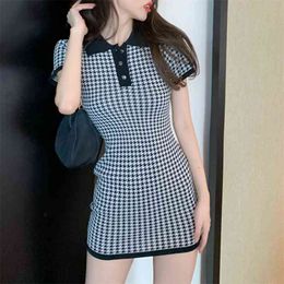 Houndstooth Vintage Knitted Mini Summer Dress Women Elegant Korean Black Casual Bodycon Sweater Dresses Robe Femme Vestidos 210514