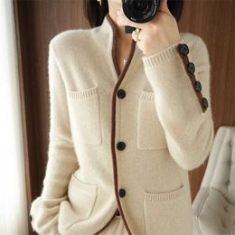 100% Cashmere / Wool Sweater Autumn/Winter Women's Stand-up Collar Cardigan Casual Knit Tops Korean Plus Size Female Jacket 211218