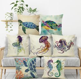 sofa pillow case synthetic linen cartoon Mediterranean style Sea turtle seahorse cushions cover pillowcase can be customized without core Home Car bed Decoration