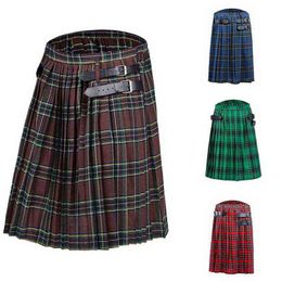 Mens Kilt Traditional Plaid Belt Pleated Bilateral Chain Brown Gothic Punk Scottish Tartan Trousers Skirts H1206