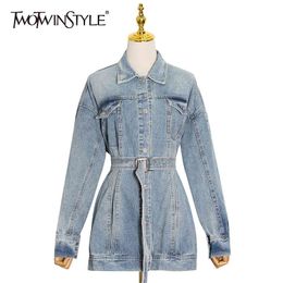 TWOTWINSTYLE Hollow Out Streetwear Denim Jacket For Women Lapel Long Sleeve Casual Jackets Female Fashion Clothing 210517