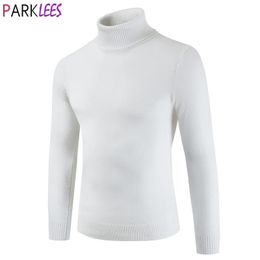 White Pullover Sweater Men Autumn Turtleneck High Collar Mens Knitted Sweaters Casual Slim Fit Knit Crop Top Sweater Jumper 210522