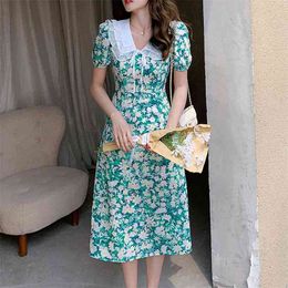 Sailor Collar Dress Female Summer Romantic French Ruffles Puff Sleeve Lace Up Mid-length Short Printed 210601