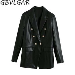 Women Fashion Notched Double Breasted PU Leather Blazers Coat Casual Straight Long Sleeve Back Vents Female Outerwear Chic Tops 211122