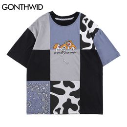 Tshirts Streetwear Funny Embroidery Dogs Color Block Patchwork Tees Shirts Harajuku Fashion Cotton Loose Casual Tops 210602