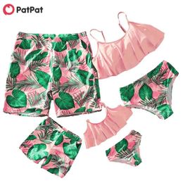 Summer Tankini Green Leaf Print Pink Matching Swimsuits 210528